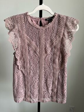 Cable & Gauge Lace Flutter Sleeve Top Dusty Rose Medium Boho Crochet Blouse